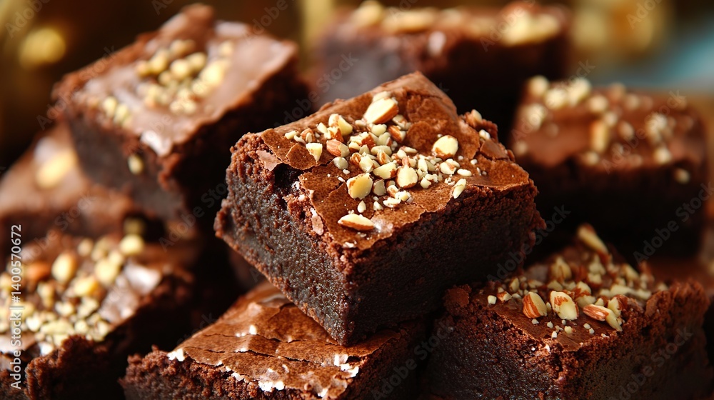 1Rich chocolate brownies with a dense fudge texture, topped with sliced almonds
