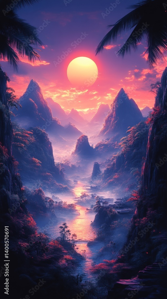 Fototapeta premium Landscape with mountains water reflection sunset sky purple and orange colors.