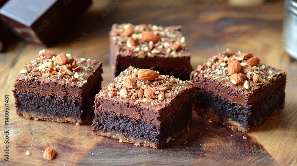 1Rich chocolate brownies with a dense fudge texture, topped with sliced almonds