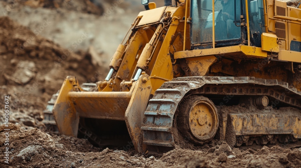 Fototapeta premium Construction worker operating a bulldozer to clear land. Featuring power and efficiency