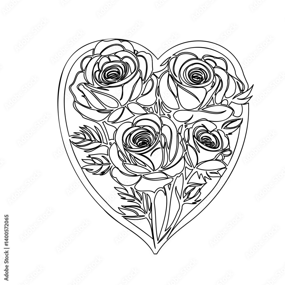Elegant Roses Bouquet in Heart Frame Line Art Elegant Roses Bouquet in Heart Frame Line Art