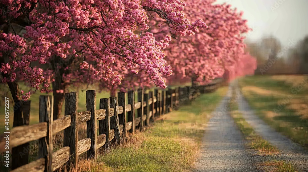 Fototapeta premium A picturesque country lane lined with blossoming pink trees and an old wooden fence.