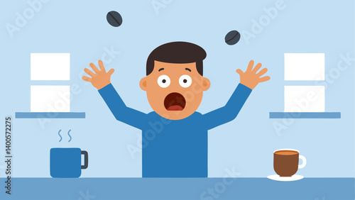 Instant Regret A splitsecond moment captured where coffee is flying and the characters eyes dart in disbelief. The background features a blurred café setting giving context. The