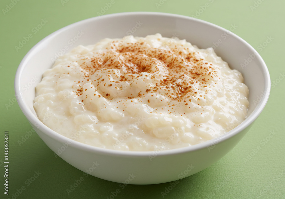 Creamy Rice Pudding with Cinnamon in White Bowl Creamy Rice Pudding with Cinnamon in White Bowl