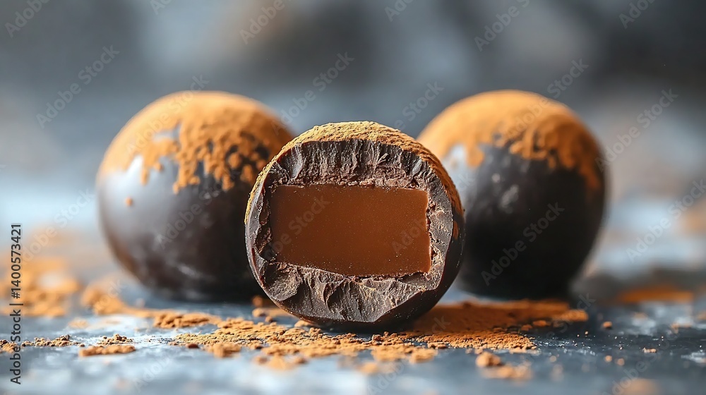 Dark chocolate truffle with smooth cocoa powder dusting, rich dark chocolate ganache filling