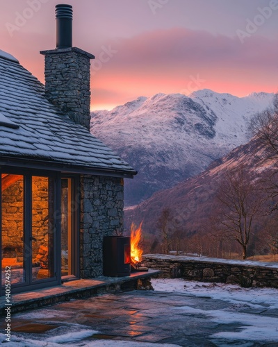 Obraz na płótnie A cozy stone cottage with a glowing fireplace stands against a stunning mountain backdrop. The sky is painted in warm hues. Imagine the serenity. Generative AI w salonie