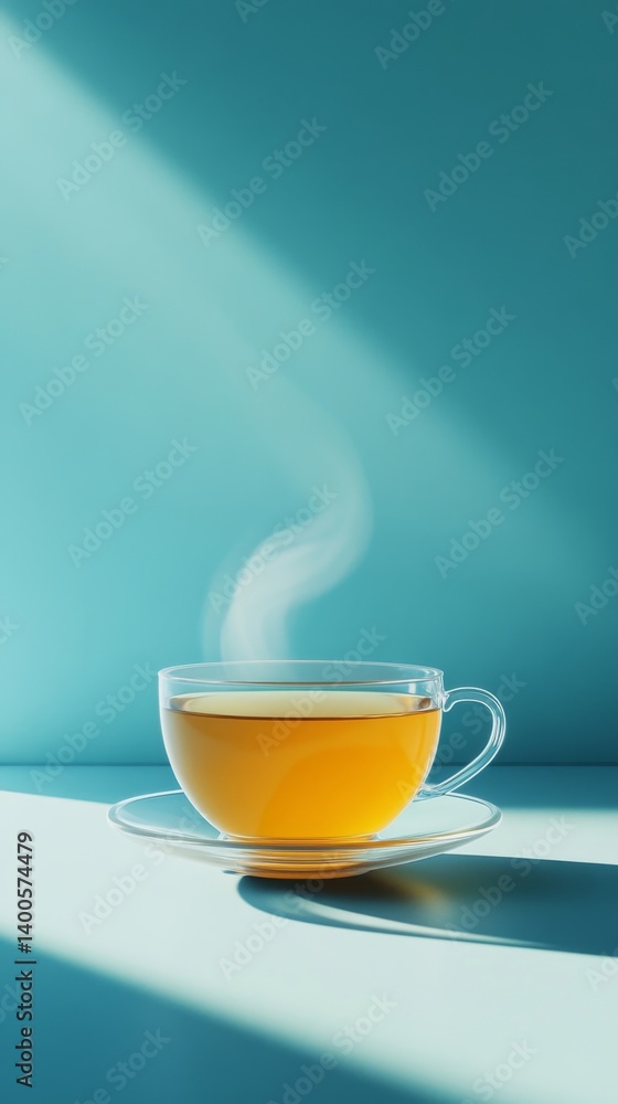 A steaming cup of tea sits elegantly on a blue background. The warm tones invite comfort and relaxation. Perfect for moments of serenity. Generative AI