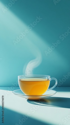 A steaming cup of tea sits elegantly on a blue background. The warm tones invite comfort and relaxation. Perfect for moments of serenity. Generative AI