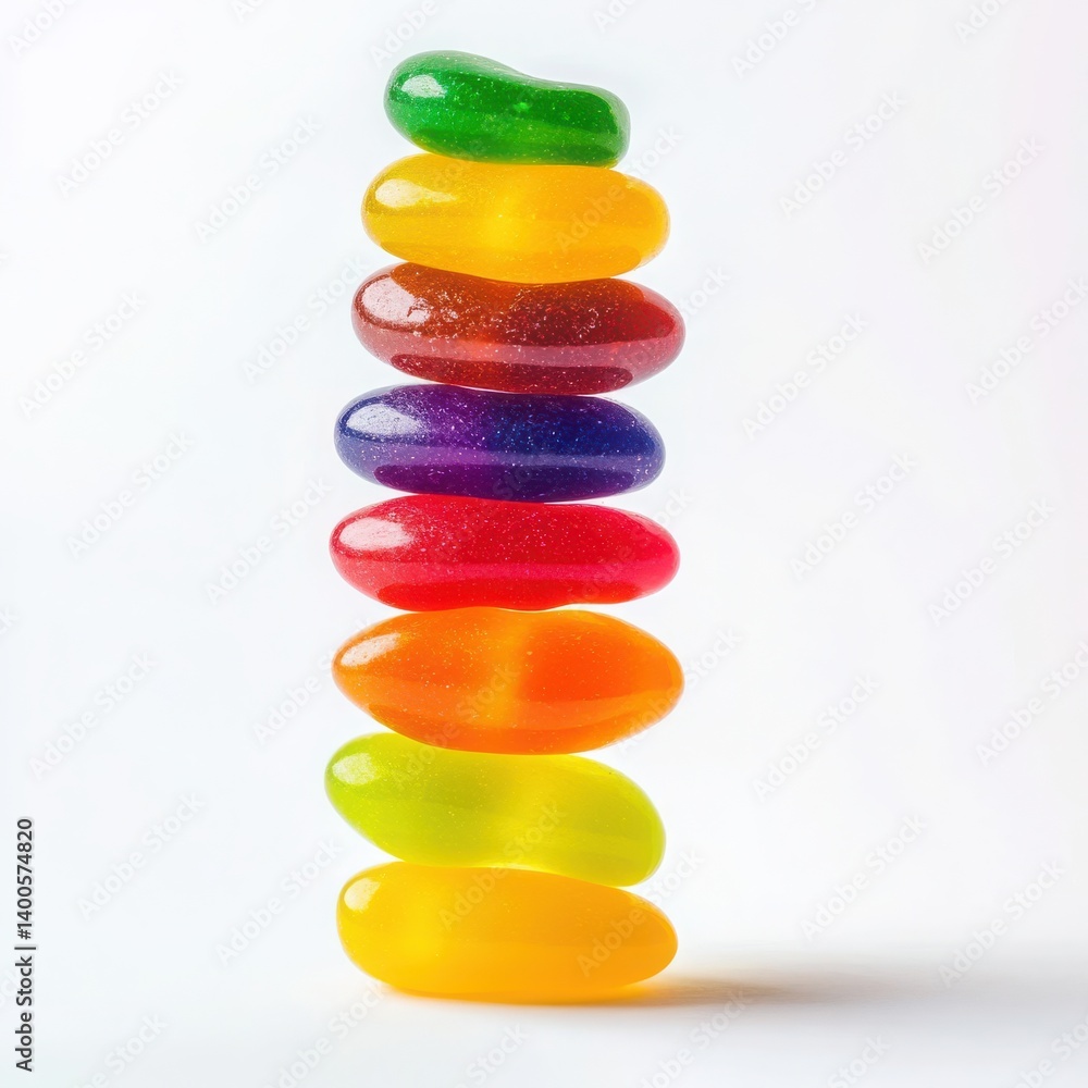 A colorful tower of stacked jelly beans on a plain background A colorful tower of stacked jelly beans on a plain background