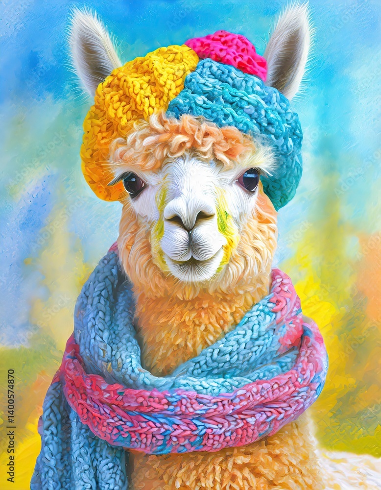 Naklejka premium Fluffy Alpaca with Colorful Knitted Scarf and Hat