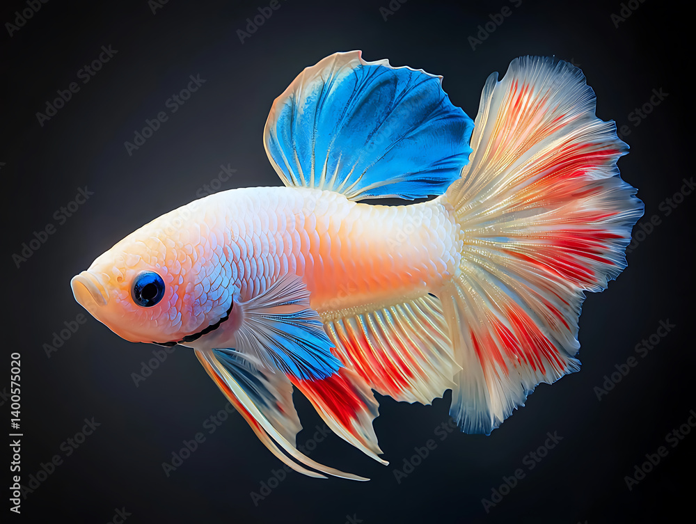 Fototapeta premium The moving moment beautiful siamese betta fish or dumbo betta splendens fighting fish in thailand on isolated black background. Thailand called Pla-kad or big ear fish. Colorful siamese fighting fish.