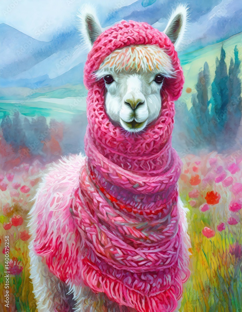 Obraz premium Elegant Alpaca in Pink Knitted Scarf in Misty Field