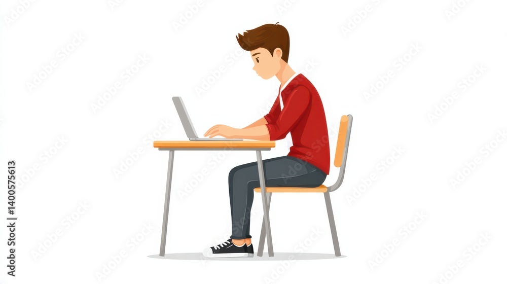 A young person sits at a desk, focused on a laptop, wearing casual attire and sneakers, illustrating a study or work scenario. A young person sits at a desk, focused on a laptop, wearing casual attire and sneakers, illustrating a study or work scenario.