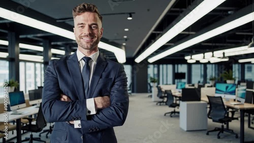 Wallpaper Mural Portrait of happy businessman in a formal suit standing with crossed arms at the workplace in a business office. Confident successful smiling man posing looking at camera. Head shot of handsome owner Torontodigital.ca