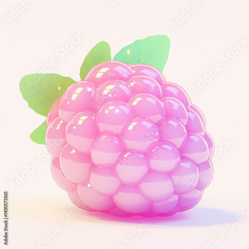 Bright and glossy pink raspberry with leaves.