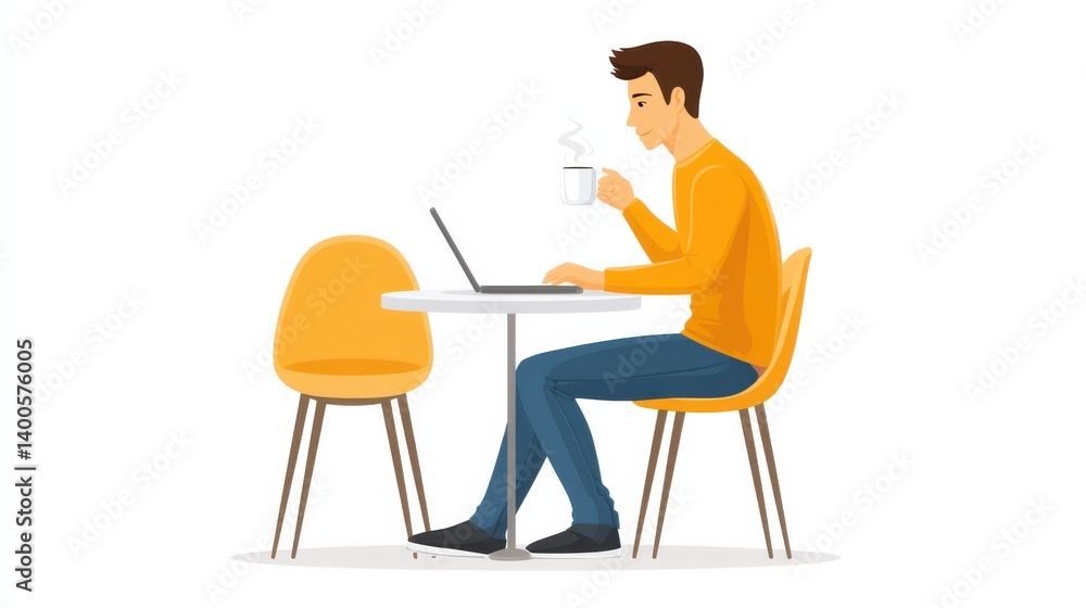 Fototapeta premium A young man sits at a table with a laptop, enjoying a cup of coffee, illustrating a casual work or study environment.