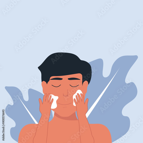 Young man using facial cream as part of skincare routine, a man applying moisturizer vector illustration