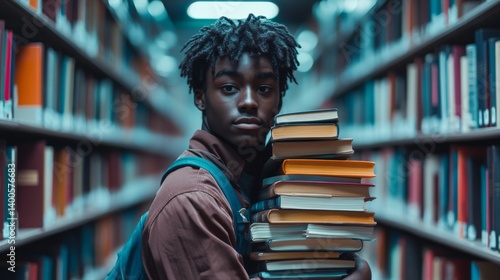 Obraz na płótnie A young student stands confidently in a library. He is holding a stack of books. The atmosphere is inspiring and reflective especially for learning. Generative AI w salonie