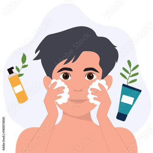 Young man using facial cream as part of skincare routine, a man applying moisturizer vector illustration