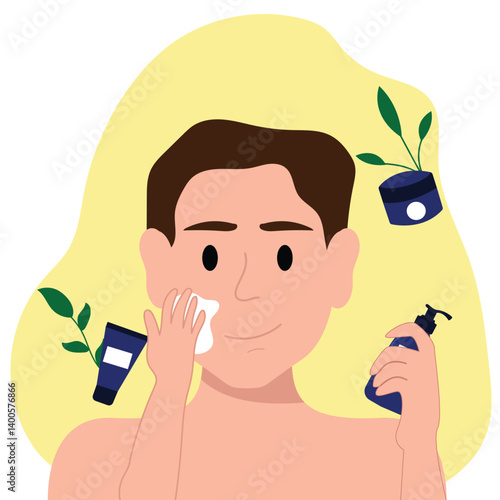 Young man using facial cream as part of skincare routine, a man applying moisturizer vector illustration