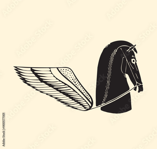 Geflügelter Pegasus in antikem Illustrationsstil. Geflügeltes Pferd in schwarz. Vektorillustration.