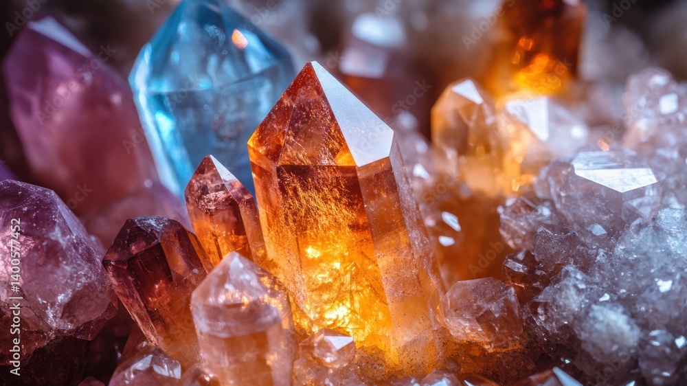 A close-up view of a cluster of colorful and luminous crystals. A close-up view of a cluster of colorful and luminous crystals.