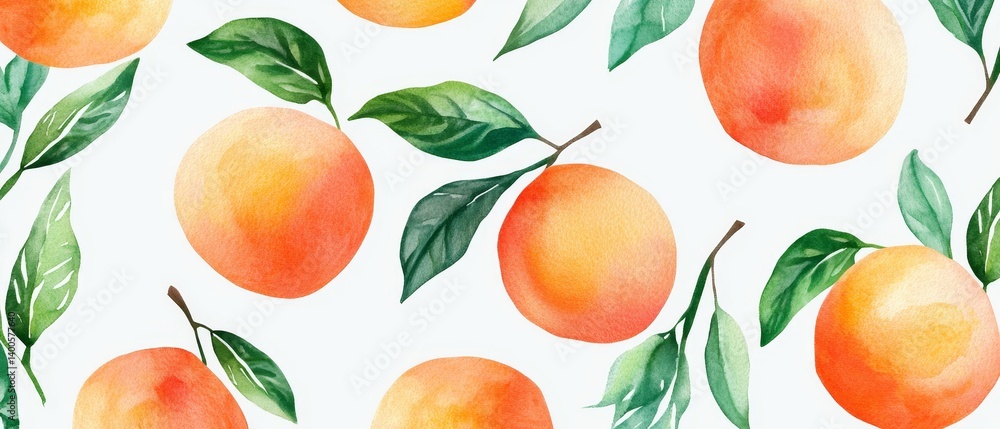 A watercolor painting of oranges and leaves
