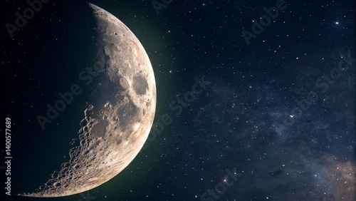Close up picture of waxing crescent moon in dark sky