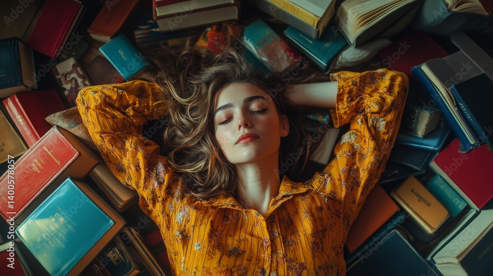 A serene woman lies on a colorful array of books. She embodies tranquility and knowledge. Surrounded by literature, she reflects on past adventures. Generative AI