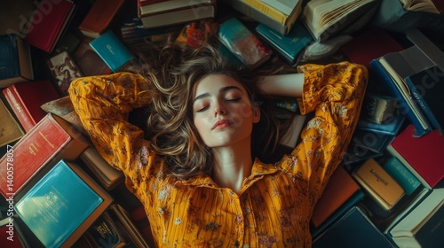 Obraz na płótnie A serene woman lies on a colorful array of books. She embodies tranquility and knowledge. Surrounded by literature, she reflects on past adventures. Generative AI w salonie