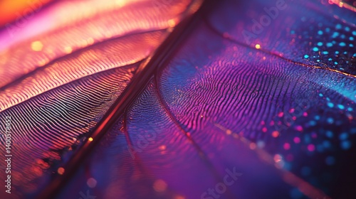 Colorful close-up of a feather showcasing intricate details. The blend of rich hues creates a mesmerizing visual experience. Perfect for artistic projects. Generative AI