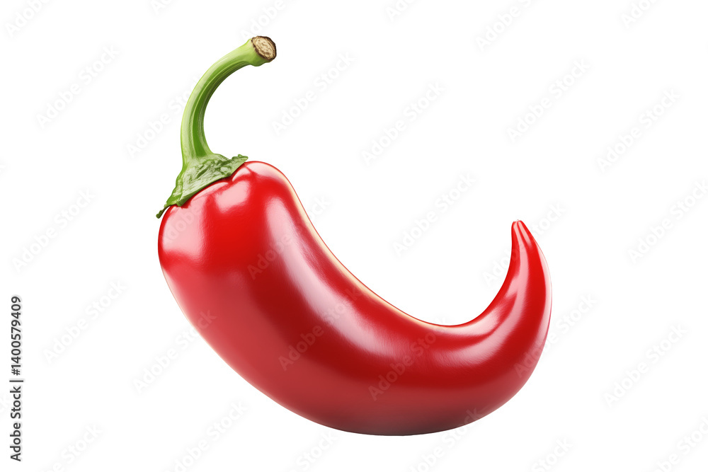 Glossy red chili pepper with a curved shape and green stem isolated on transparent background. Glossy red chili pepper with a curved shape and green stem isolated on transparent background.
