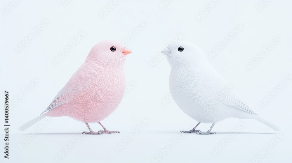 Fototapeta premium Pink and White Birds Minimalist Style High-Definition Soft Lighting Front View Feathery Textures Gentle Encounter White Background Pastel Hues Ideal for Romance Themes
