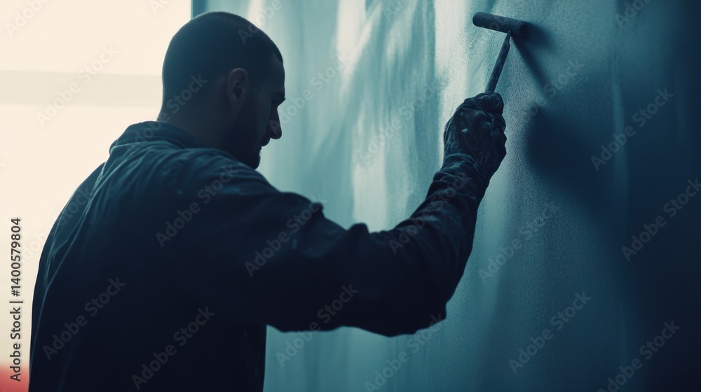 Construction worker painting walls with a roller. Featuring detail and finishing work Construction worker painting walls with a roller. Featuring detail and finishing work