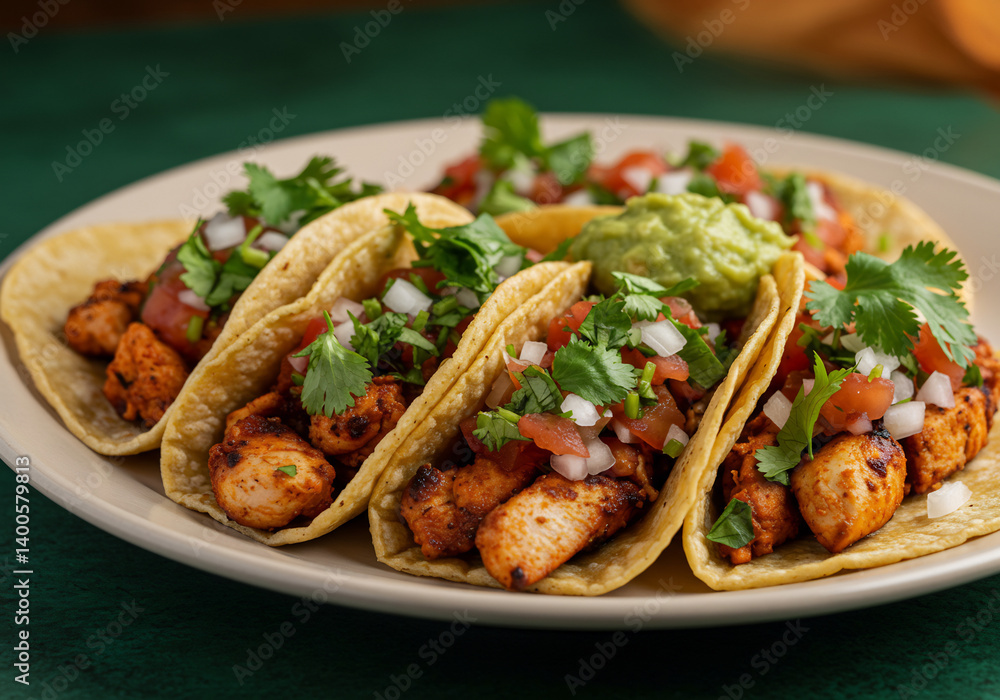 Four Chicken Tacos with Guacamole and Salsa on a Plate Four Chicken Tacos with Guacamole and Salsa on a Plate