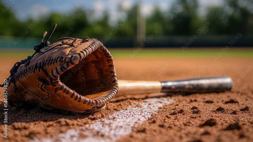 Leather baseball glove and bat resting on a dirt field under a bright sky Leather baseball glove and bat resting on a dirt field under a bright sky