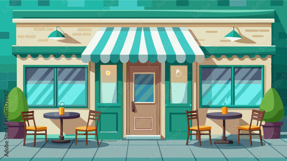 Fototapeta premium Cozy cafe storefront with mint green facade and blank awning, stylish chairs and tables on concrete street background, concept of advertising or mockup. 