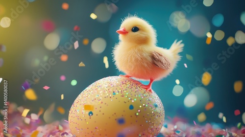 Cute Easter Chick on Egg with Confetti Festive Celebration Scene