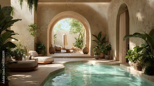 The serene villa courtyard features a hot spring pool  beige archway  minimalist living space  tropical plants  and natural daylight  creating a peaceful biophilic atmosphere.  