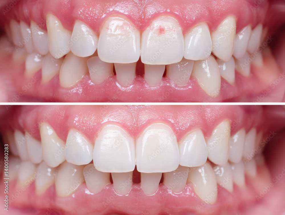 Obraz premium Before and after of teeth showing plaque buildup and improved dental hygiene, highlighting importance of oral care