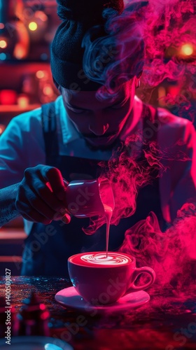 A skilled barista creates stunning latte art. Steam rises as the coffee is poured with precision. Coffee culture thrives in vibrant settings. Generative AI