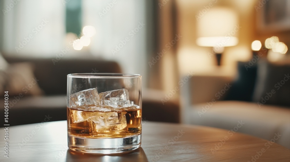 Glass of Whiskey with Ice Cubes on Wooden Table in Cozy Living Room Setting Glass of Whiskey with Ice Cubes on Wooden Table in Cozy Living Room Setting