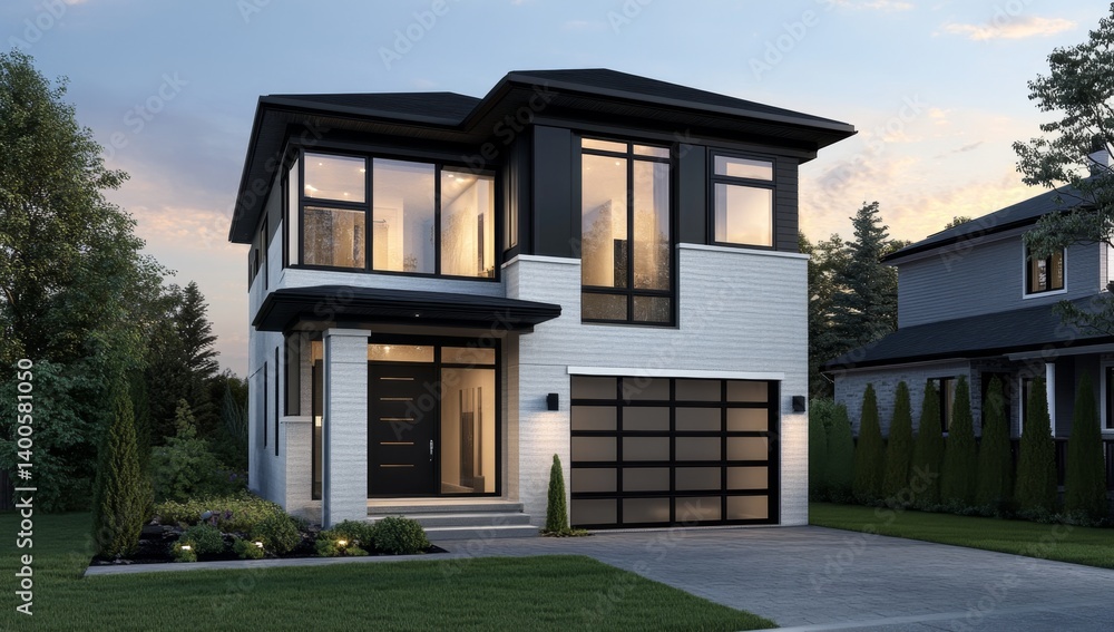 Modern two-story home with clean lines and contemporary design. Features large windows, a black roof, and white siding Modern two-story home with clean lines and contemporary design. Features large windows, a black roof, and white siding