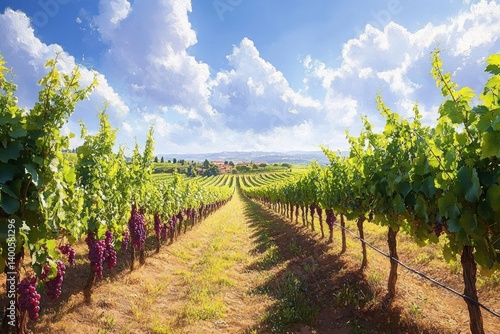 Vibrant Vineyard Landscape in Tuscany with Grape Vines and Sunny Skies