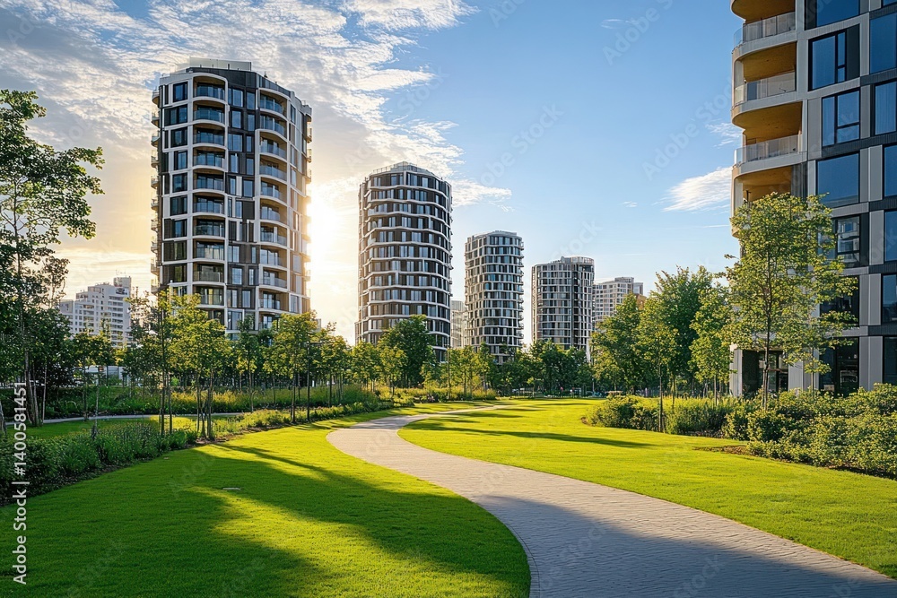Modern Sustainable High-Rise Residential Area in Bright City Environment Modern Sustainable High-Rise Residential Area in Bright City Environment