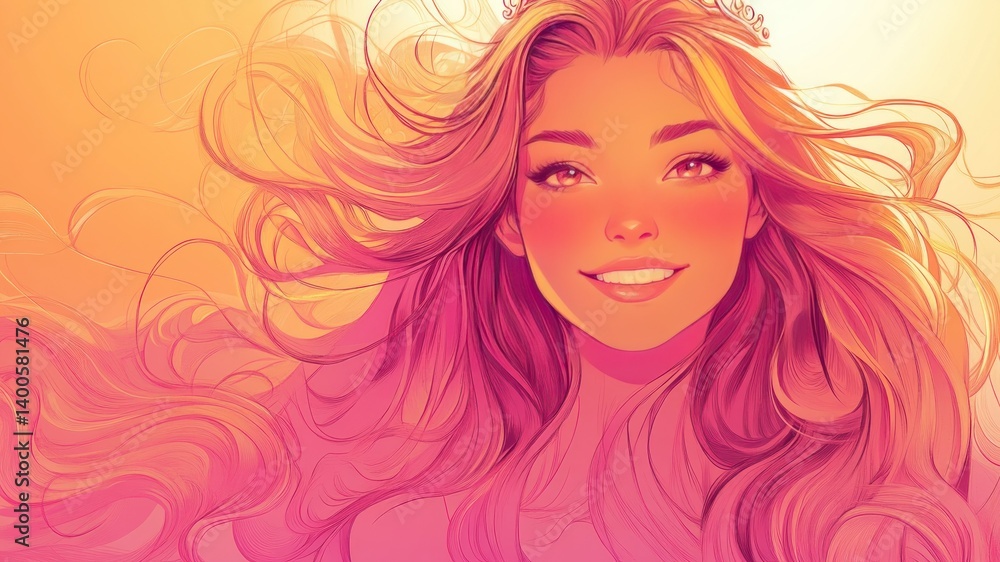 Portrait of a smiling woman with long pink hair and a crown, digital art. Portrait of a smiling woman with long pink hair and a crown, digital art.