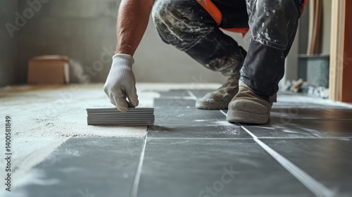 Construction worker placing tiles on the bathroom floor. Featuring meticulousness and artistry