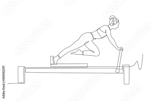 Woman doing pilates using pilates reformer. Pilates concept one-line drawing