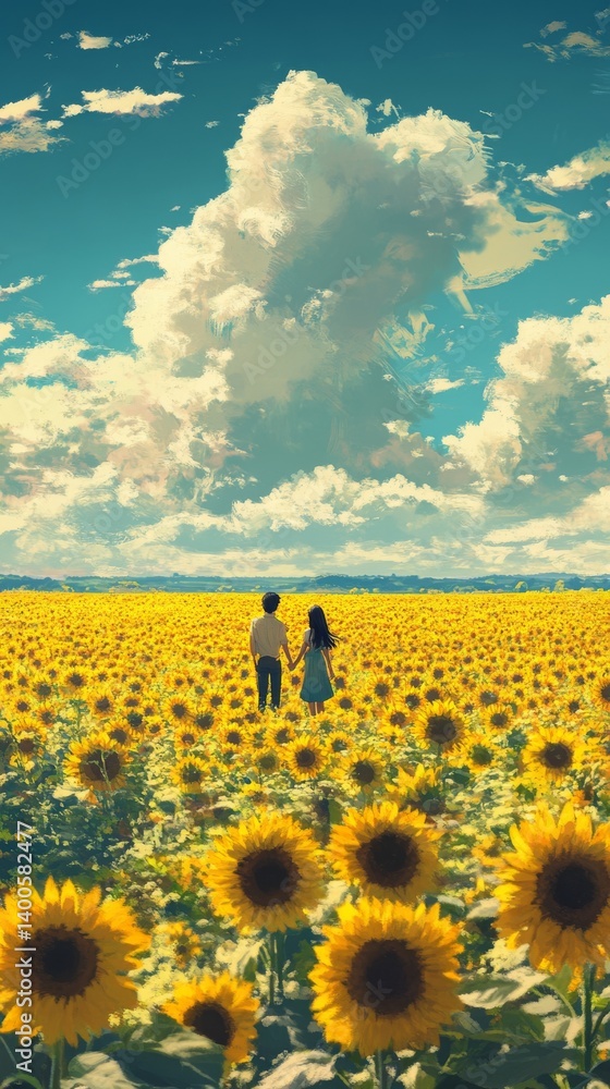 A couple stands hand in hand in a vibrant sunflower field. The sunflowers stretch endlessly towards the horizon under a bright blue sky. A scene of romance and beauty. Generative AI