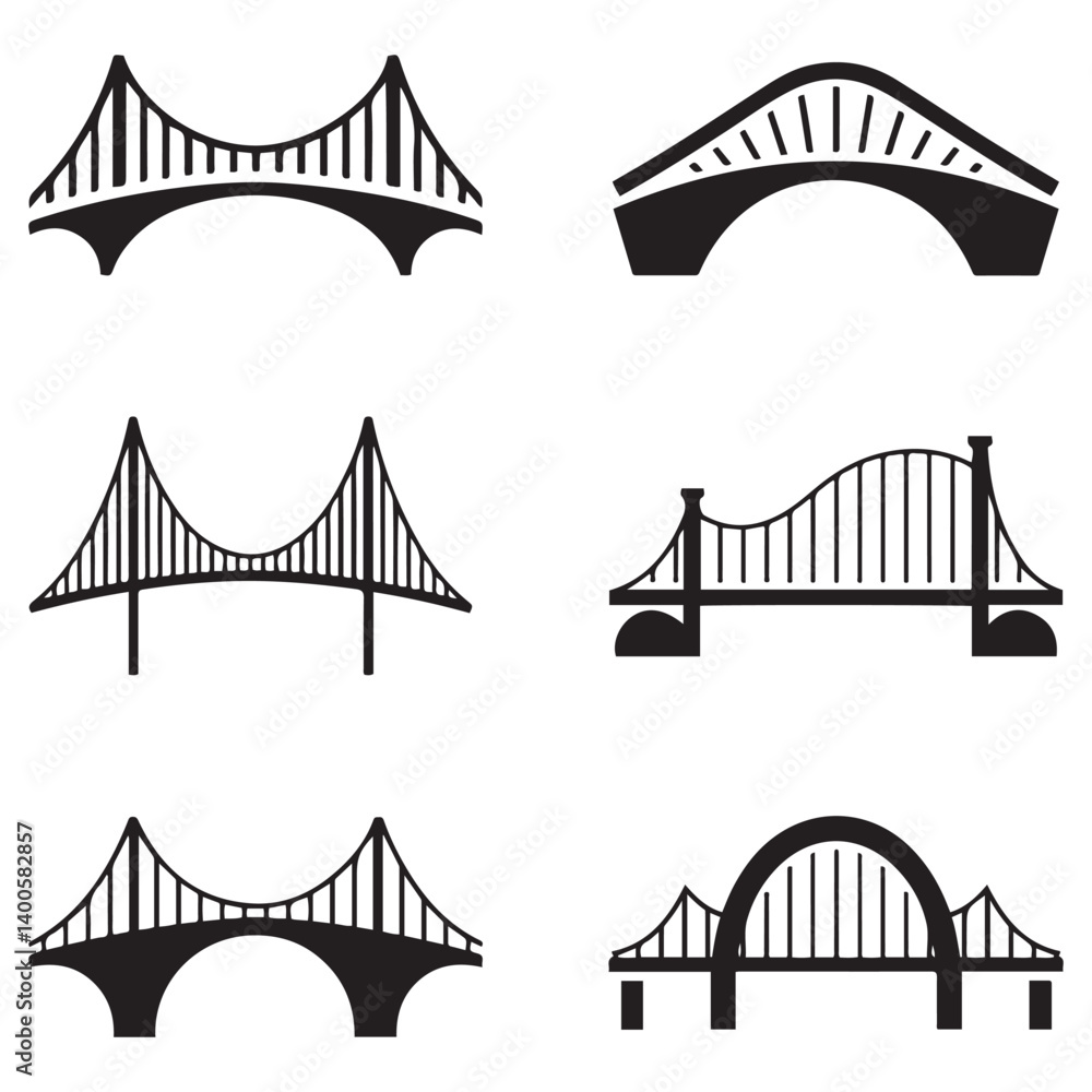 Fototapeta premium Set of different bridges. Isolated on white background. and white. Vector Black silhouettes. illustration.